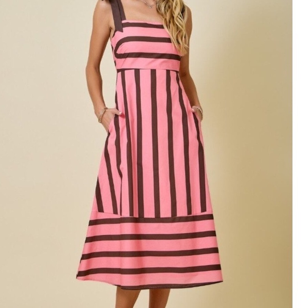 Pants Store Striped Tie Shoulder Midi Dress Pink Brown Cotton Blend L Sundress
